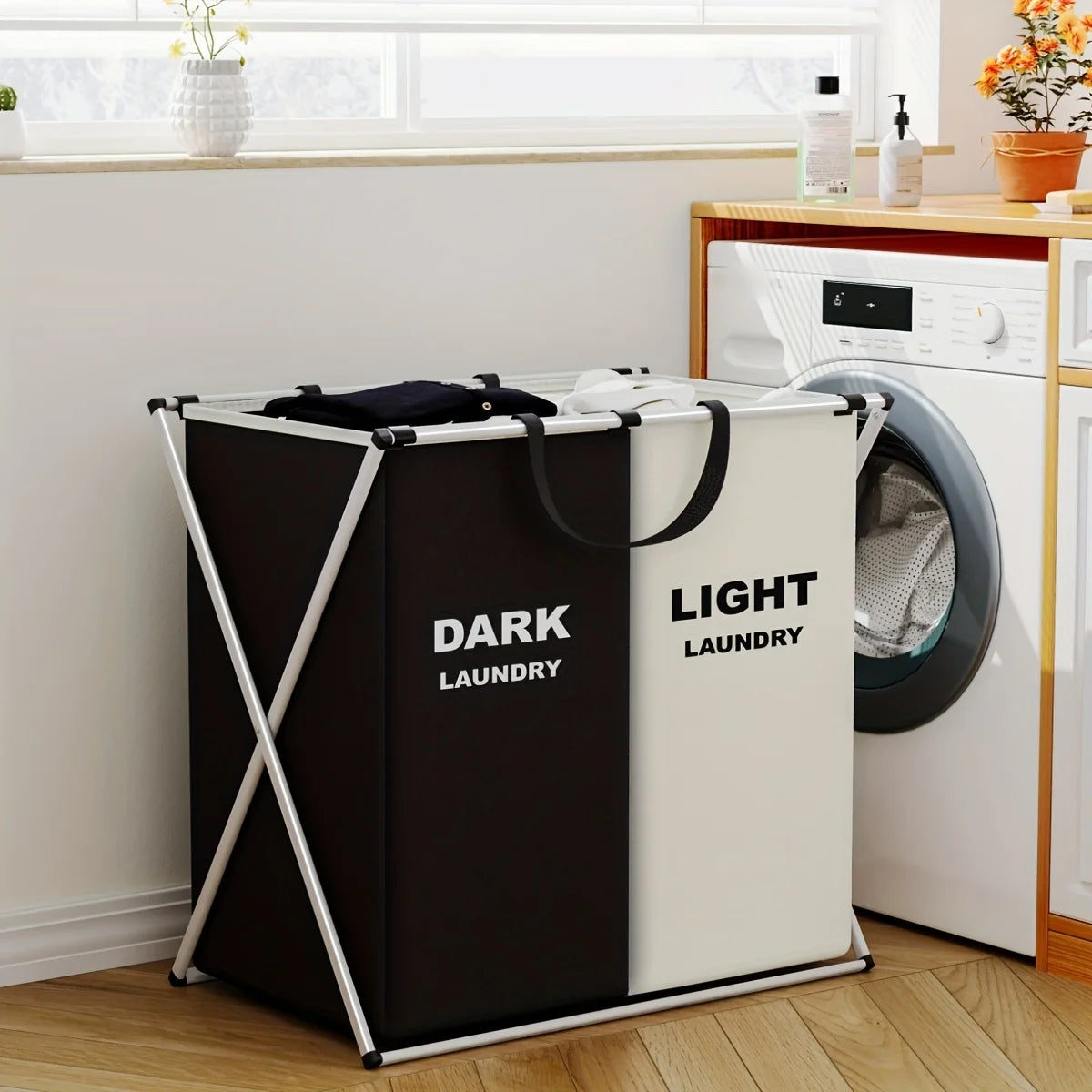 1 PC Large Foldable Laundry Hamper with 3 Divided Sections Dirty Cloth Storage Basket Classic Oxford Washing Bin for Home