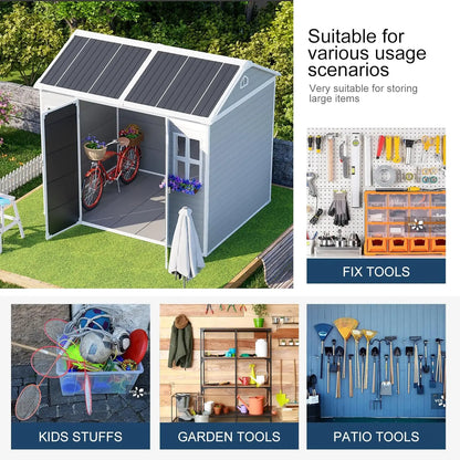 8x6 ft waterproof resin storage shed with floor, windows, and reinforced frame in wood-grain texture