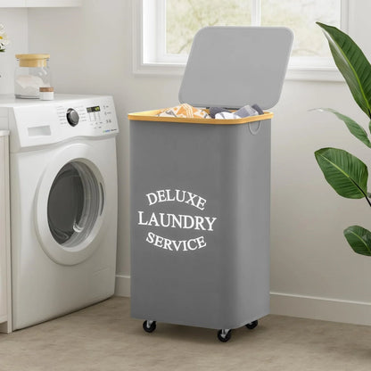 Large 100L Laundry Basket with Lid And Bamboo Handle - Folding with Removable Bag Modern Style Oxford Fabric Laundry Hamper