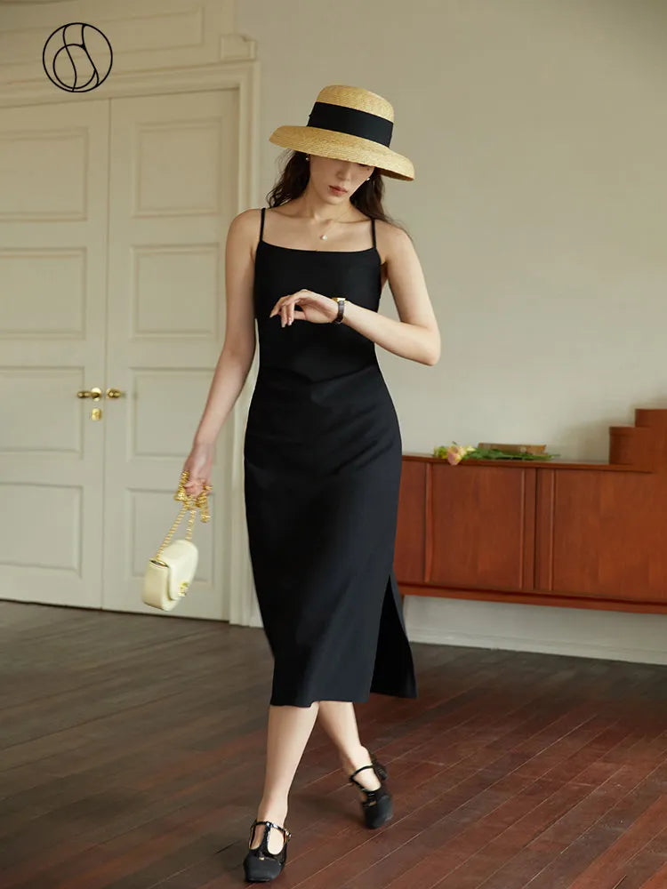 DUSHU Women Long Black Slip Dress Slit Design Elegant Square Neck Slip Dress Adjustable Strap Spring Women Solid Dress - Azobay