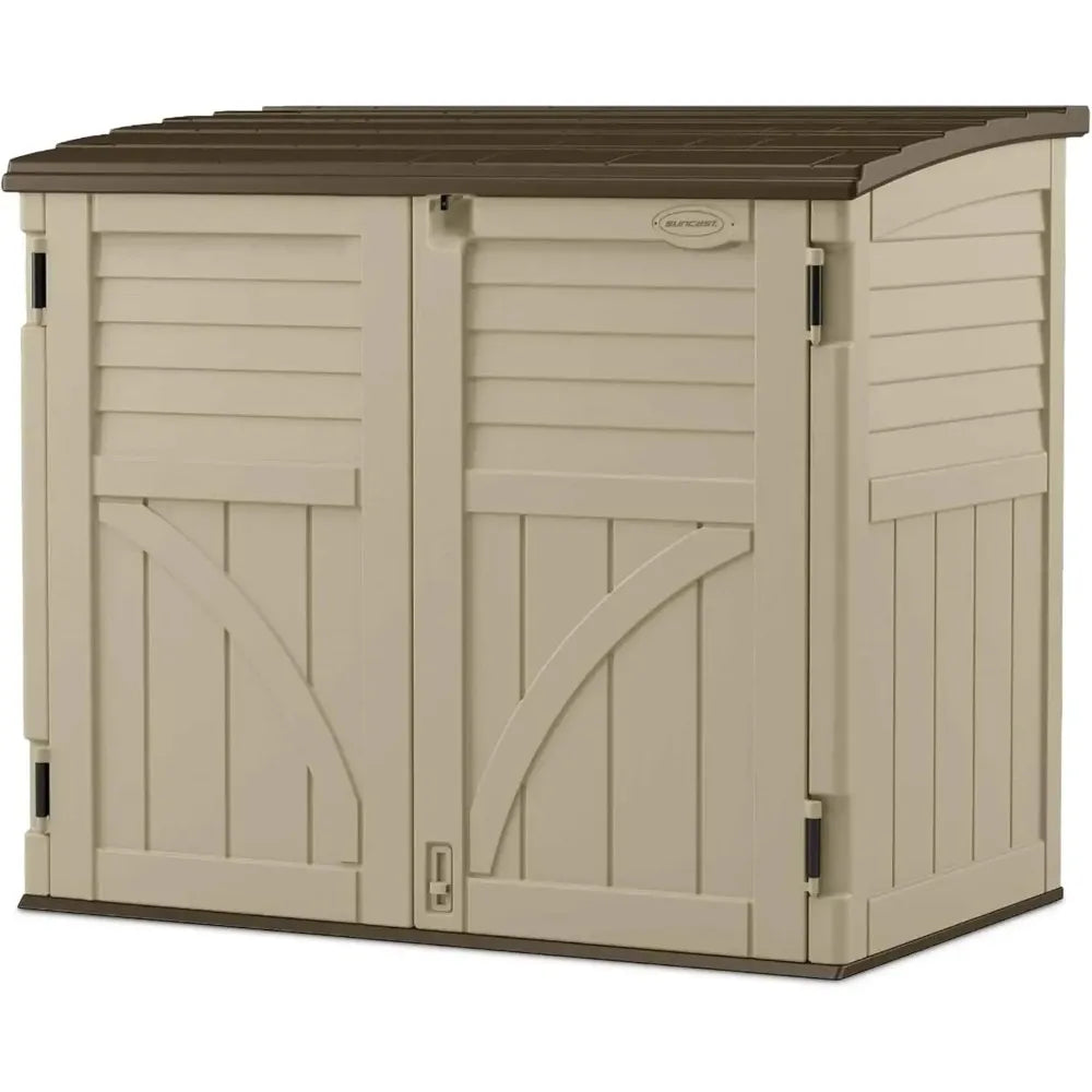 34 cu ft horizontal outdoor resin storage shed with lockable lid in sand color