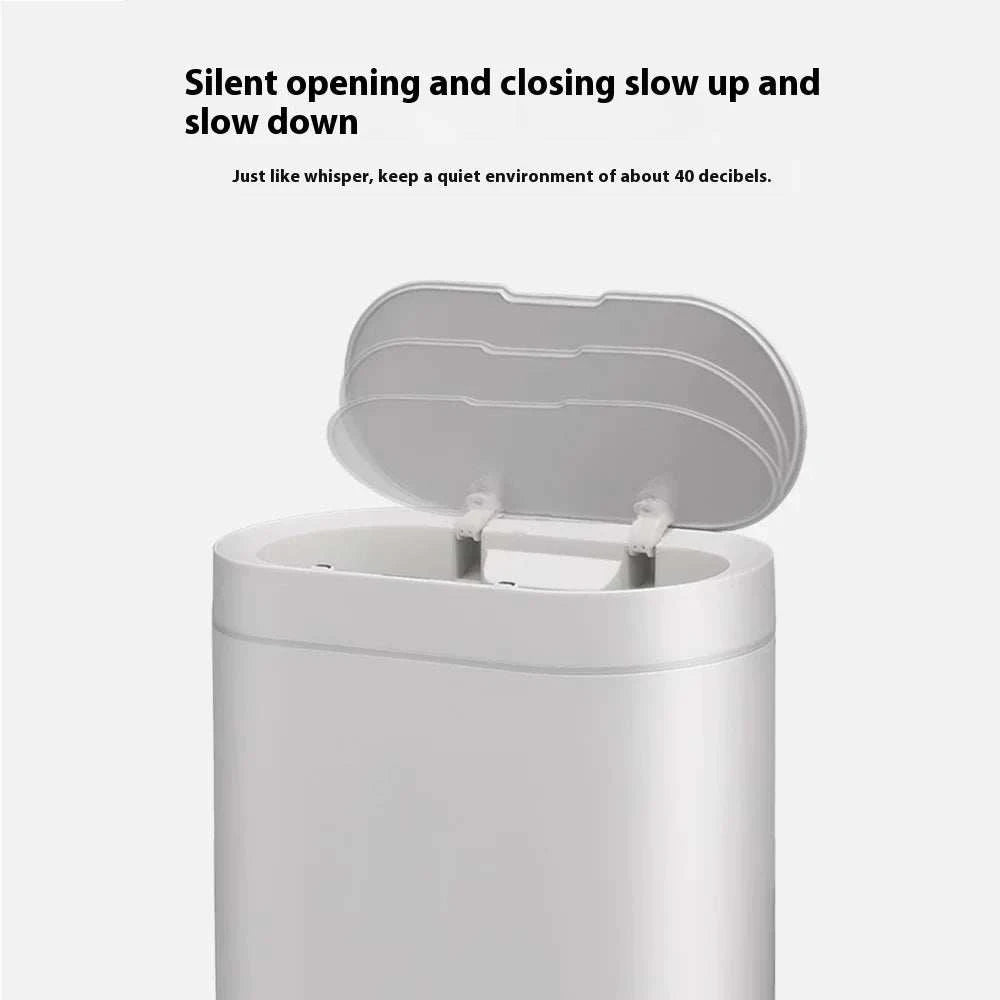 7L automatic bathroom trash can with touchless lid and motion sensor in white plastic rectangular design