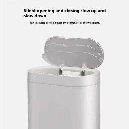 7L automatic bathroom trash can with touchless lid and motion sensor in white plastic rectangular design