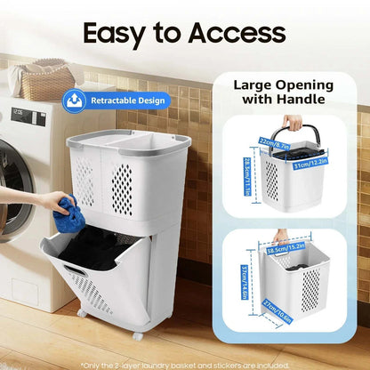 Multi-layer laundry basket on wheels with removable wall-mounted hampers and breathable design in grey white