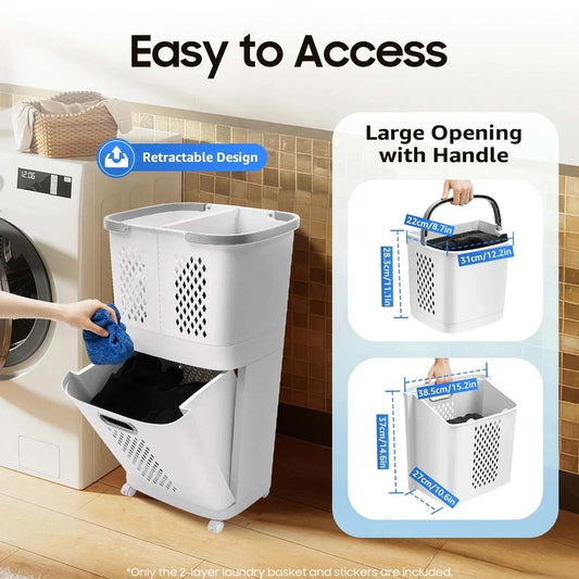 Multi-layer laundry basket on wheels with removable wall-mounted hampers and breathable design in grey white