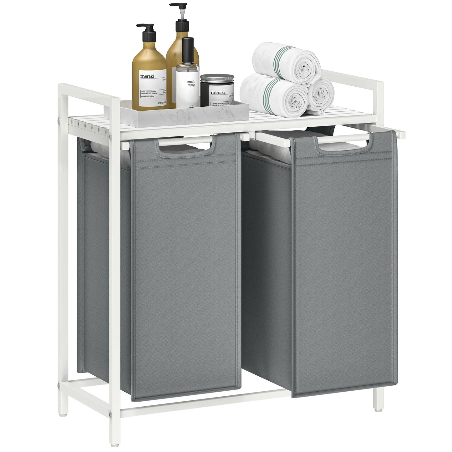 VASAGLE Laundry Hamper with 2 removable bags, metal frame, shelf, and pull-out design in rustic brown and ink black