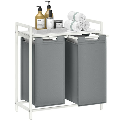 VASAGLE Laundry Hamper with 2 removable bags, metal frame, shelf, and pull-out design in rustic brown and ink black