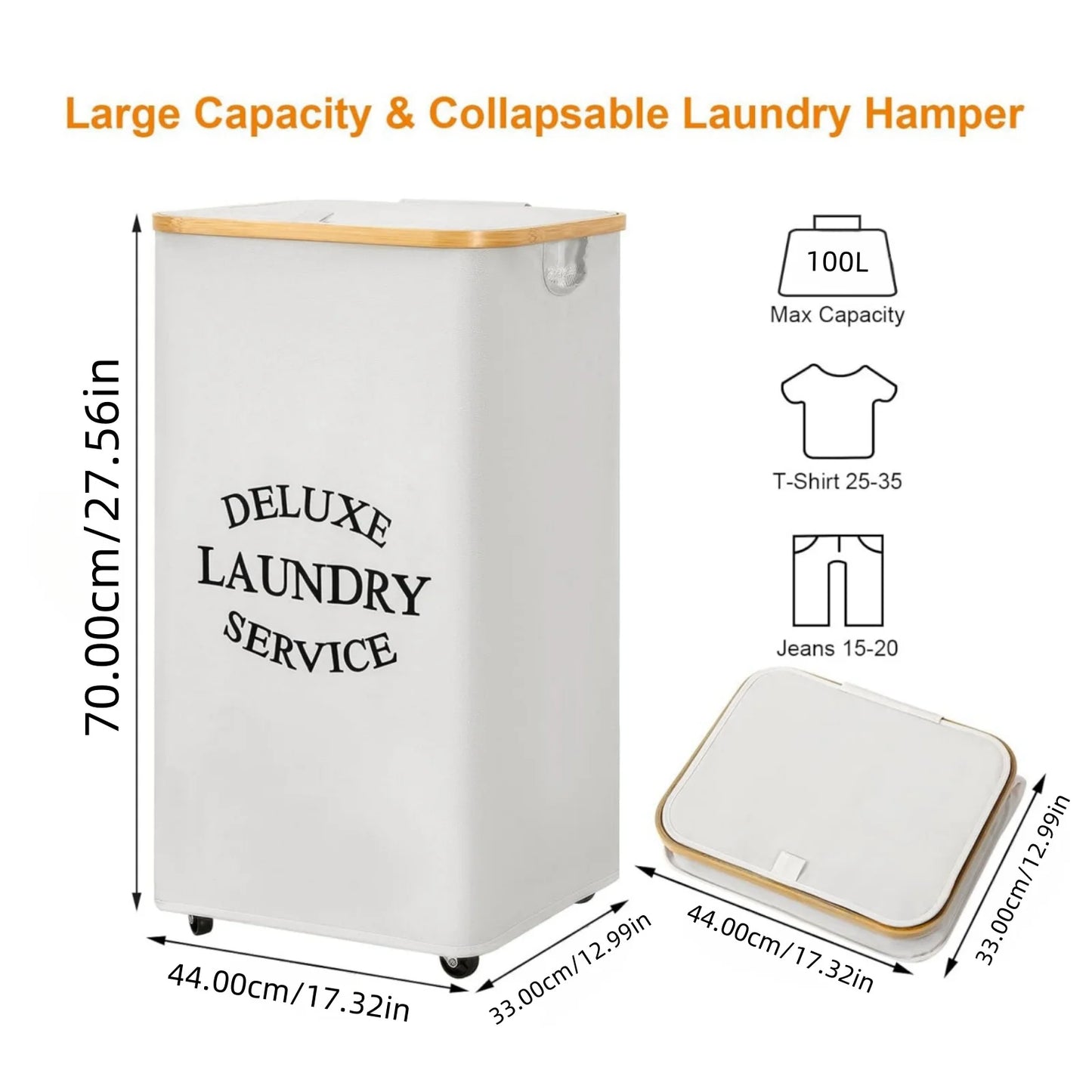 Large 100L Laundry Basket with Lid And Bamboo Handle - Folding with Removable Bag Modern Style Oxford Fabric Laundry Hamper