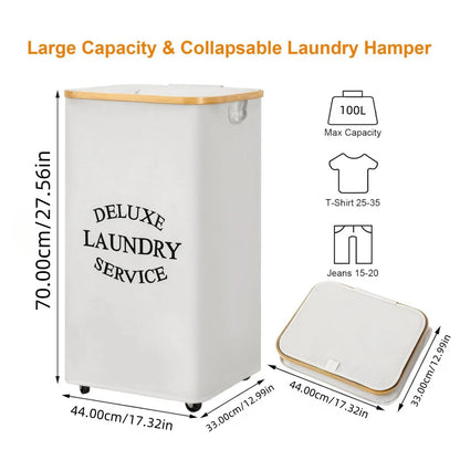 Large 100L Laundry Basket with Lid And Bamboo Handle - Folding with Removable Bag Modern Style Oxford Fabric Laundry Hamper