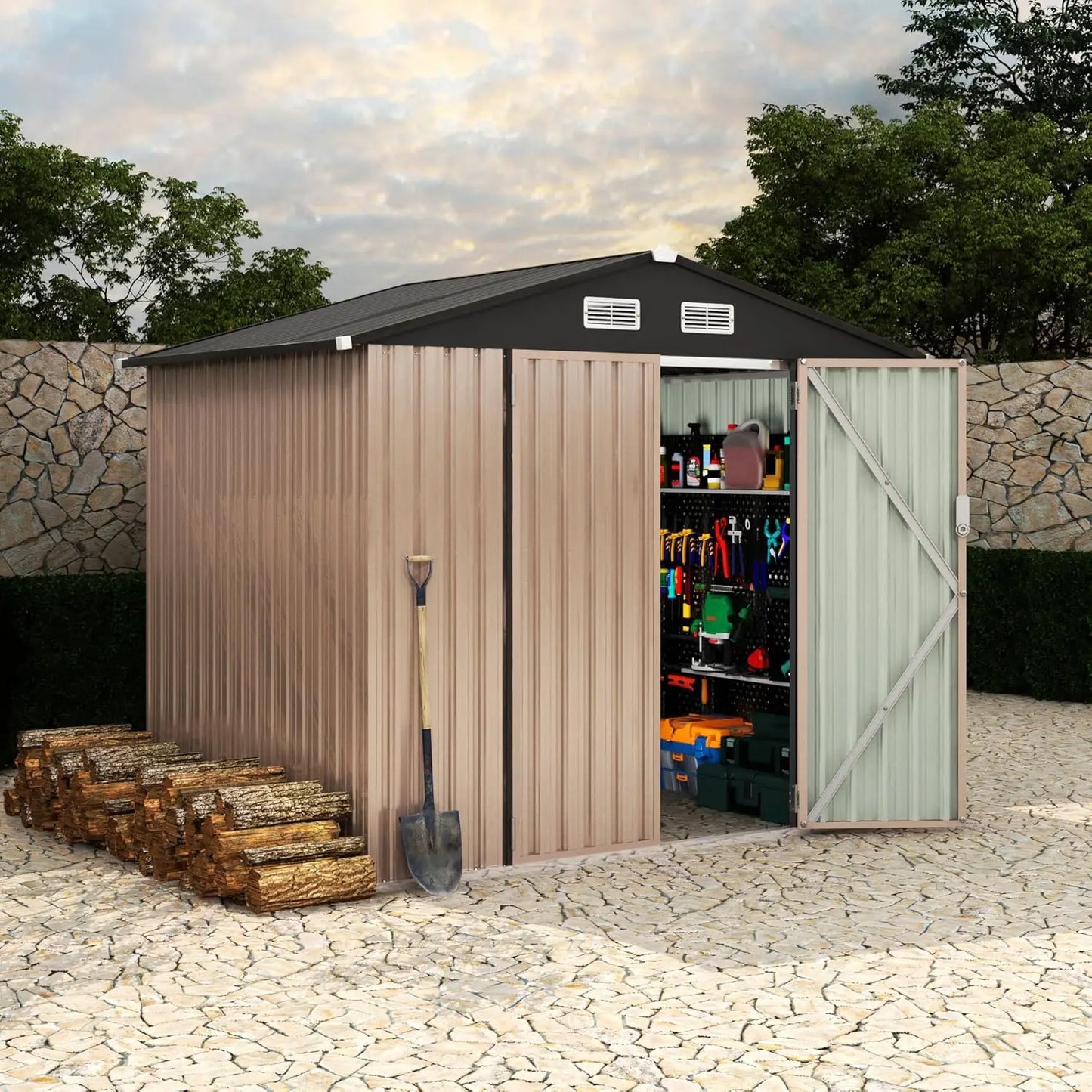 Outdoor metal storage shed with lockable door and air vents