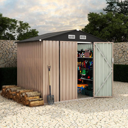 Outdoor metal storage shed with lockable door and air vents