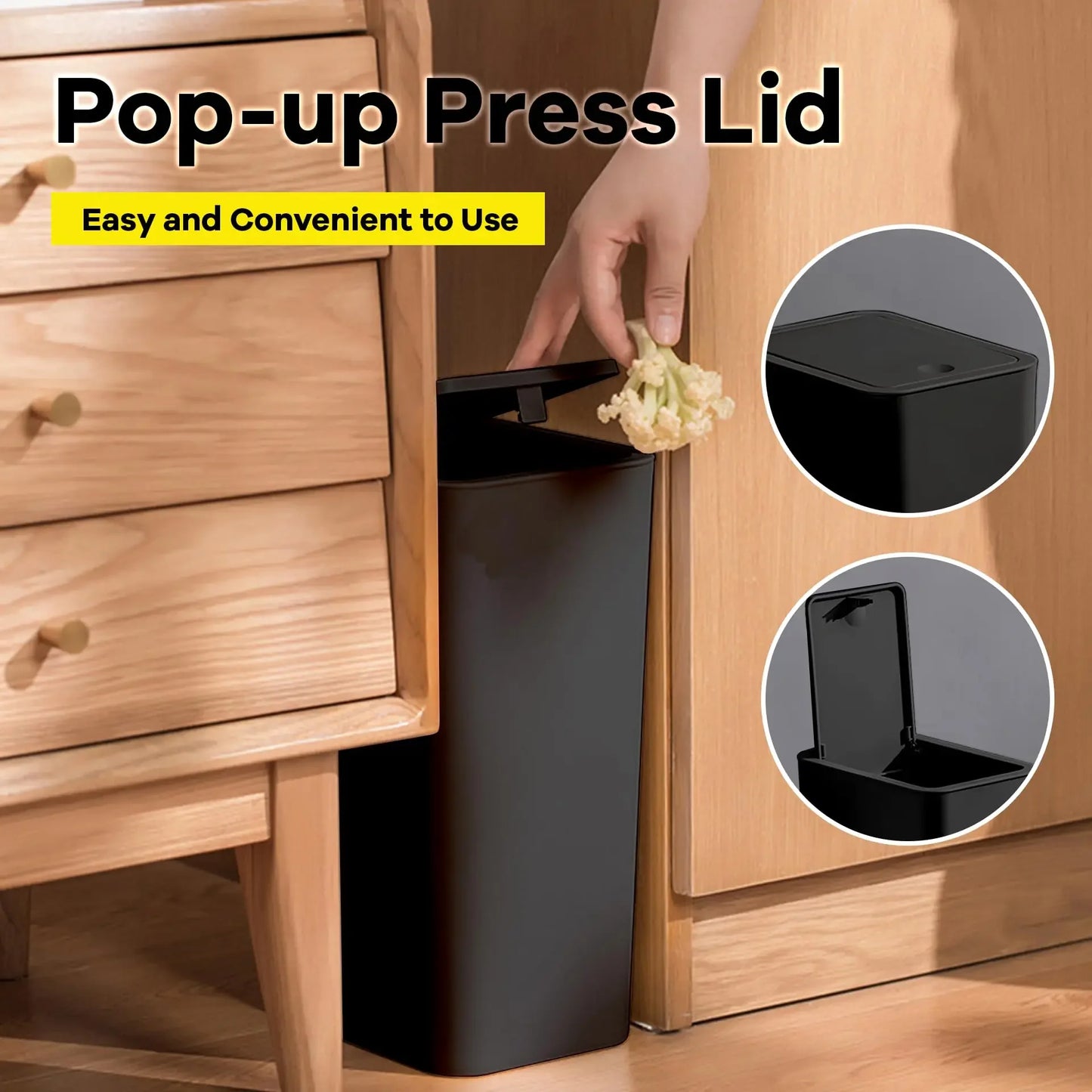 10-Liter Compact Plastic Waste Bin Eco-Friendly Rectangular Trash Can for Bathroom Toilet Bedroom Living Room
