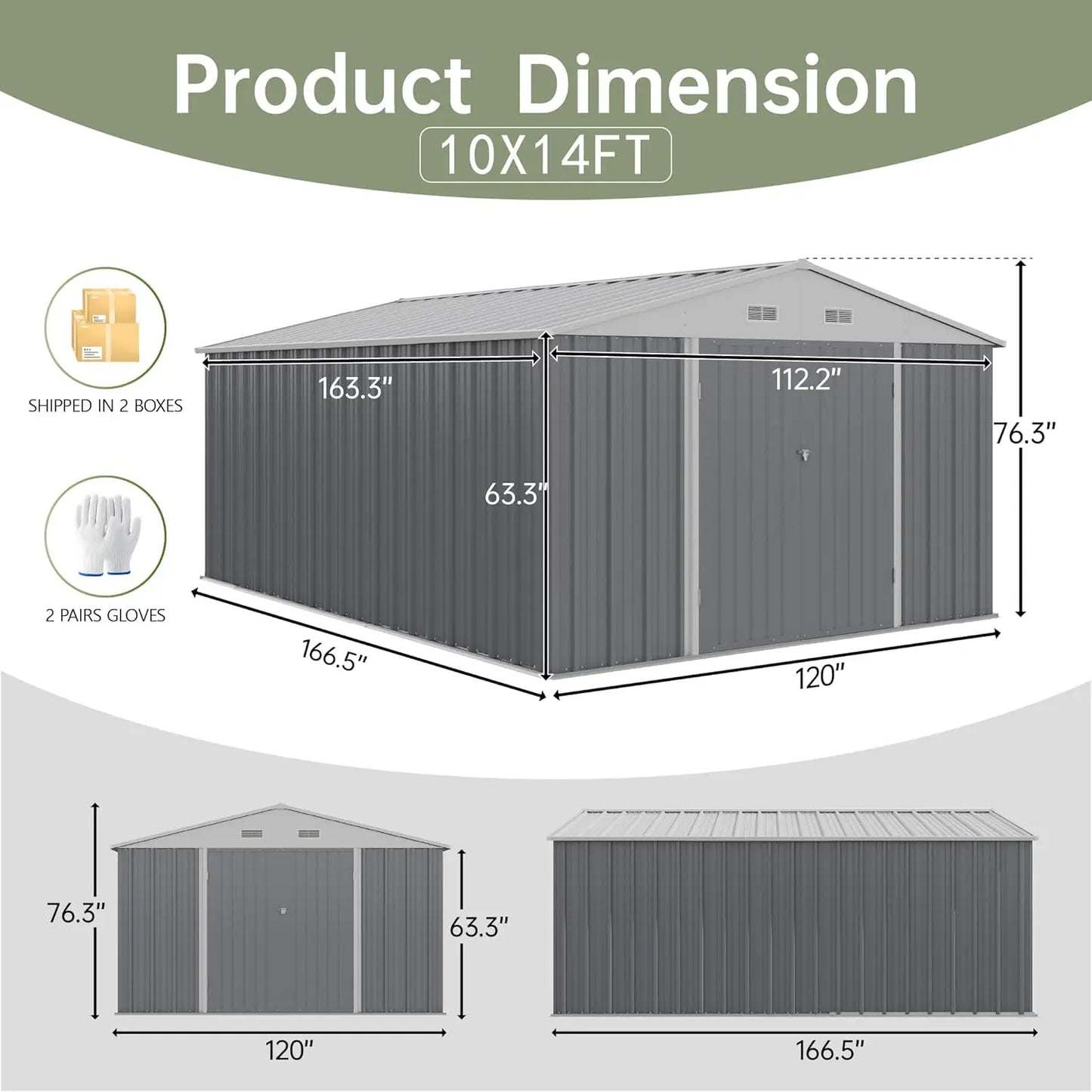 10x14 FT Large Outdoor Metal Storage Shed with Lockable Doors & Sloped Roof