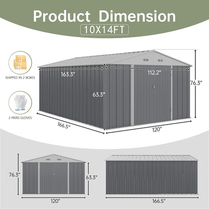 10x14 FT Large Outdoor Metal Storage Shed with Lockable Doors & Sloped Roof