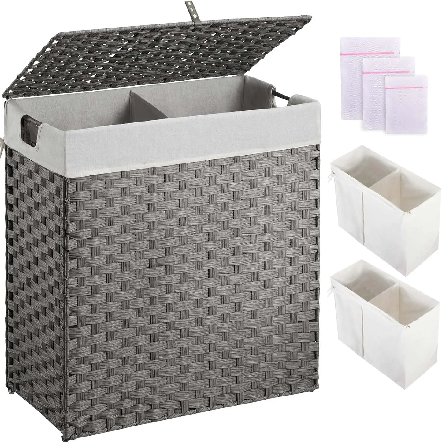 110L Foldable Wicker Laundry Hamper with 2 Removable Liners 2-Section Design Gray No Install Needed