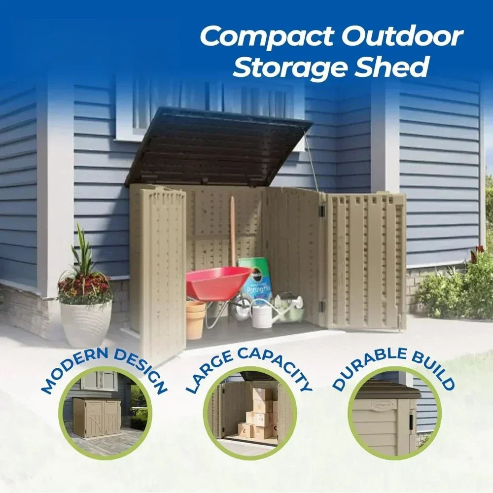 34 cu ft horizontal outdoor resin storage shed with lockable lid and sand-colored exterior
