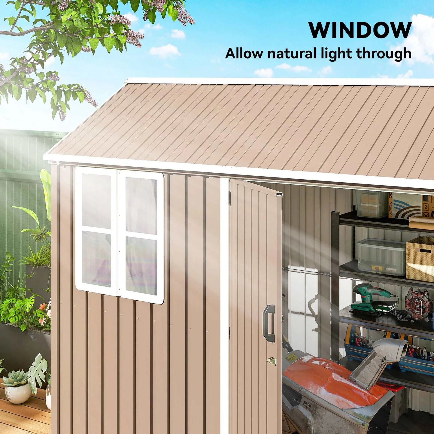 8' X 6' Outdoor Metal Garden Storage Shed W/ 2 Doors, Window, Sloped Roof Brown