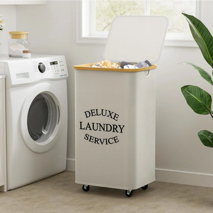Large 100L Laundry Basket with Lid And Bamboo Handle - Folding with Removable Bag Modern Style Oxford Fabric Laundry Hamper