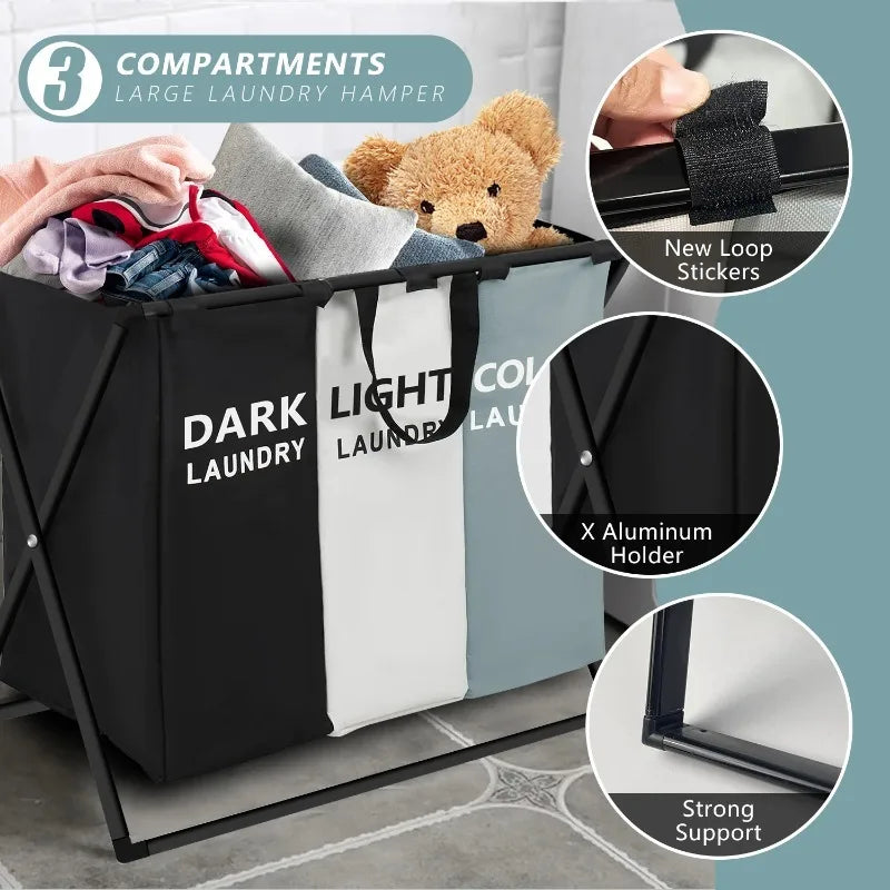 Large foldable laundry basket with 3 sections divided for sorting clothes and home storage