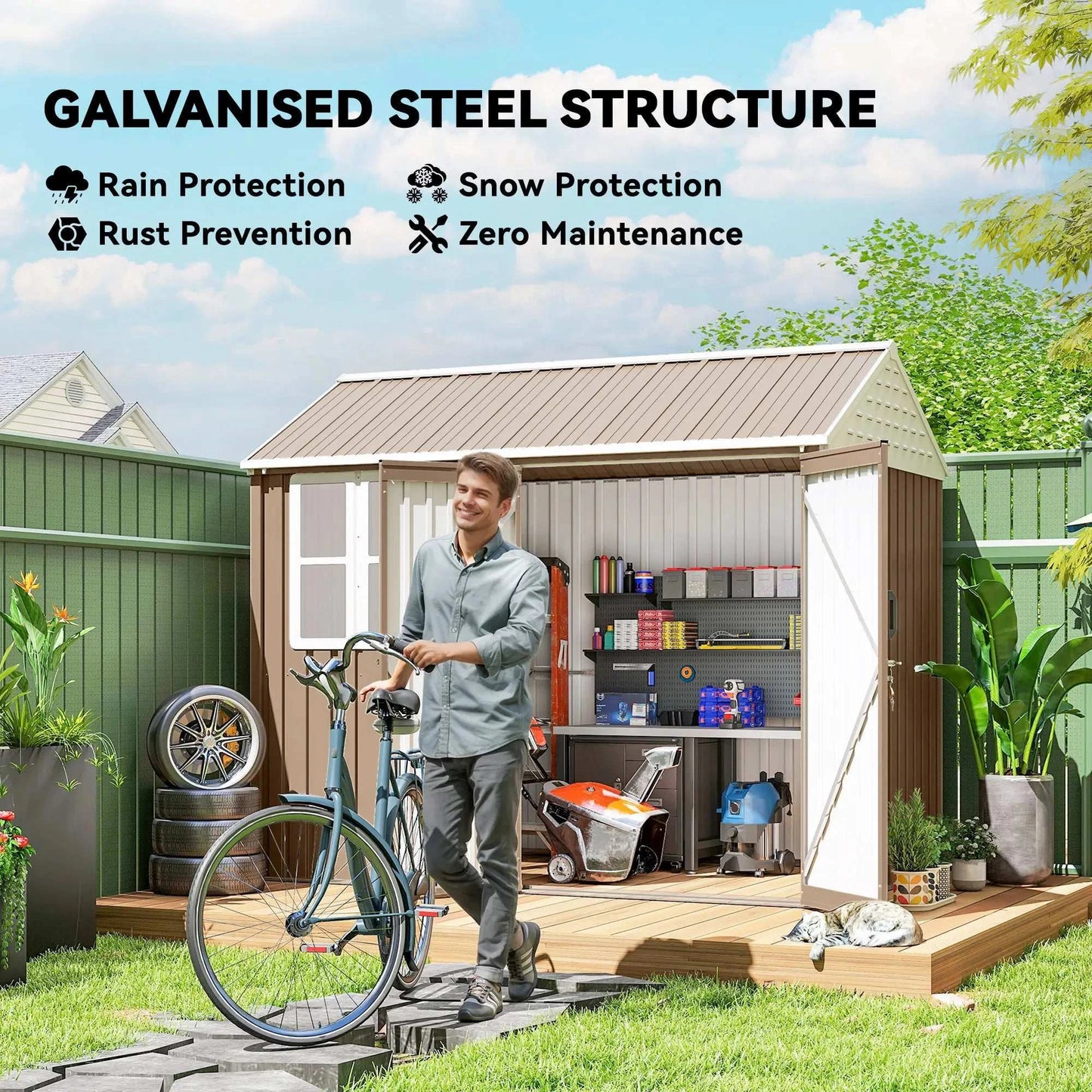 8' X 6' Outdoor Metal Garden Storage Shed W/ 2 Doors, Window, Sloped Roof Brown