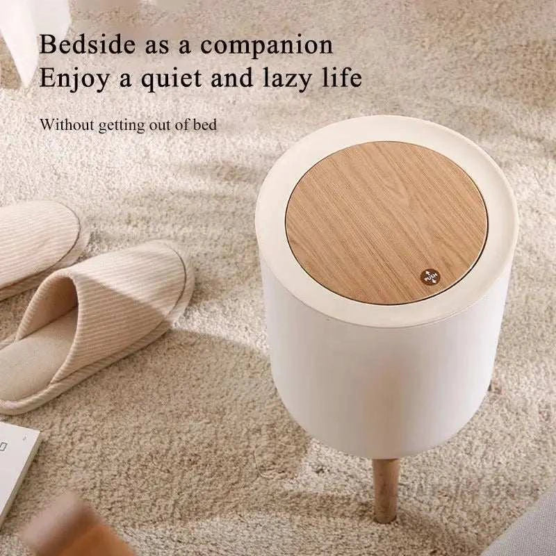 7L round wood grain trash can with press lid and legs, plastic Nordic style waste bin for bathroom or living room