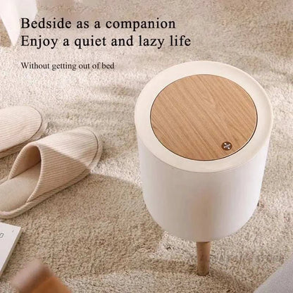 7L round wood grain trash can with press lid and legs, plastic Nordic style waste bin for bathroom or living room