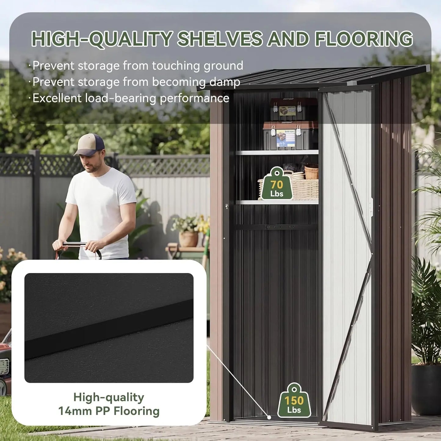 Outdoor vertical metal storage shed with lockable doors and adjustable shelves in garden setting