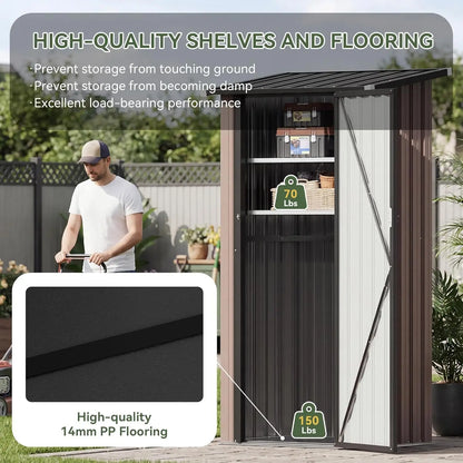 Outdoor vertical metal storage shed with lockable doors and adjustable shelves in garden setting