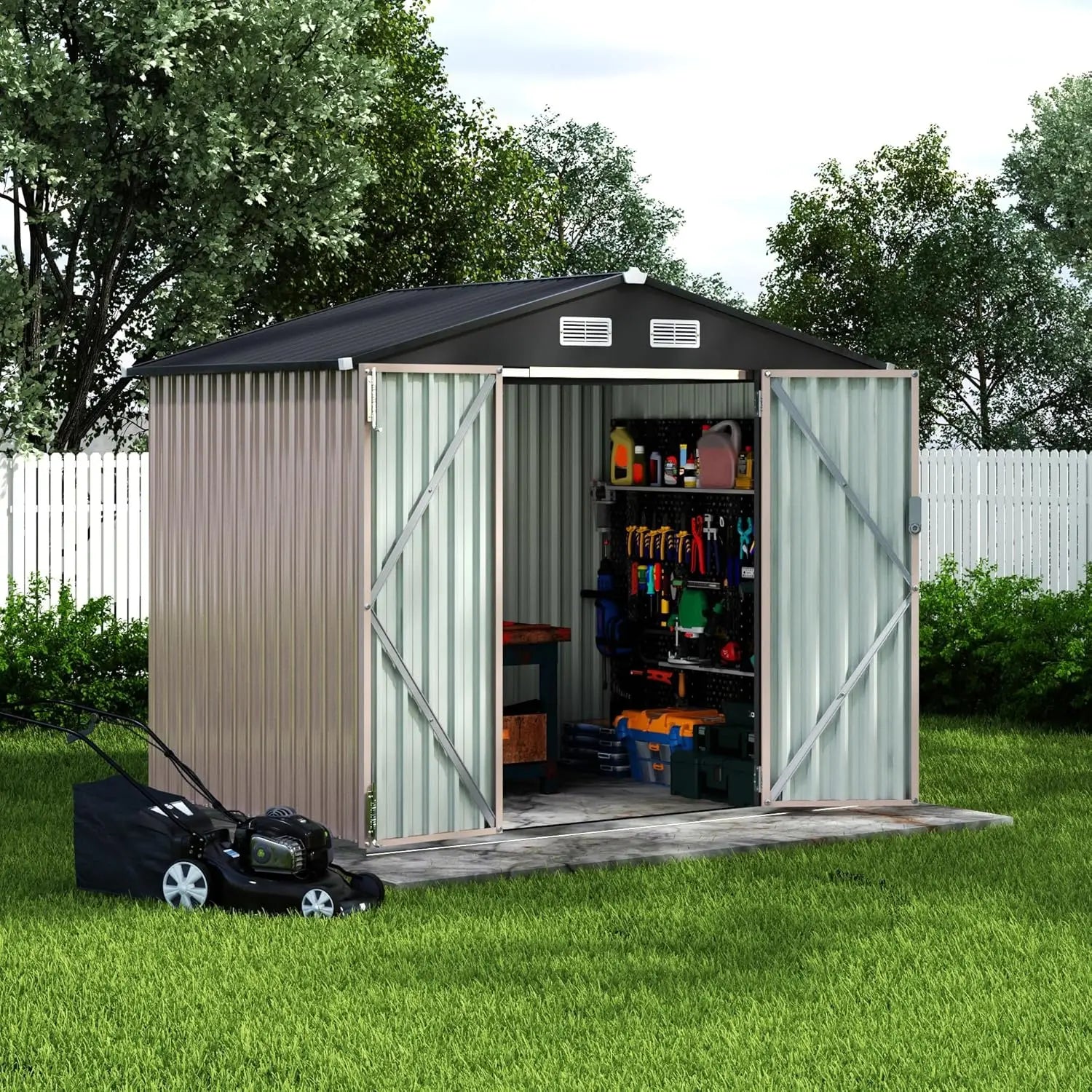 6x8 ft outdoor metal storage shed with lockable door and sloped roof