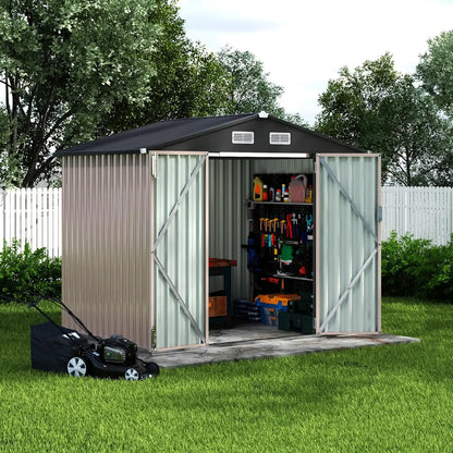 6x8 ft outdoor metal storage shed with lockable door and sloped roof