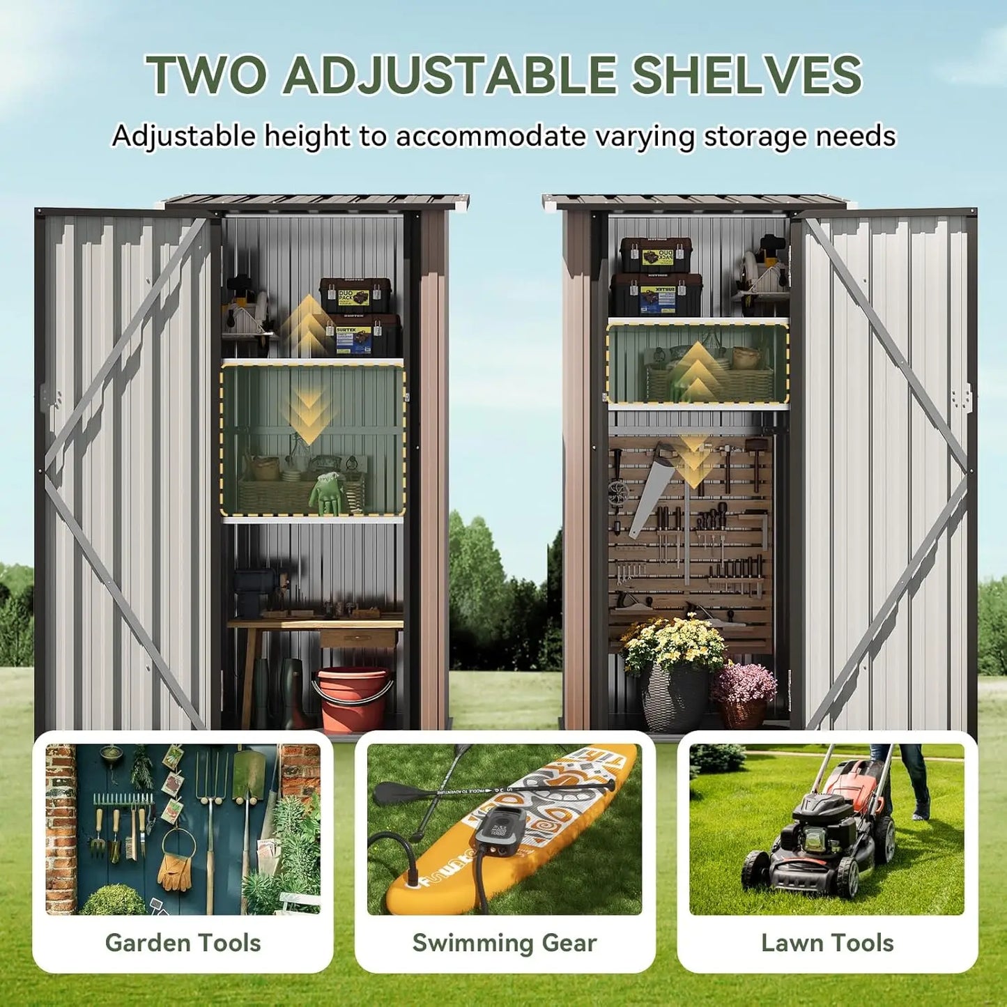 Tall outdoor vertical storage shed with lockable doors and adjustable shelves in metal waterproof design