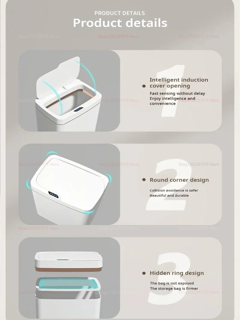 Smart Induction Garbage Can with Storage Basket - Eco-Friendly Plastic Automatic Trash Bin for Kitchen Bathroom Toilet Organizer