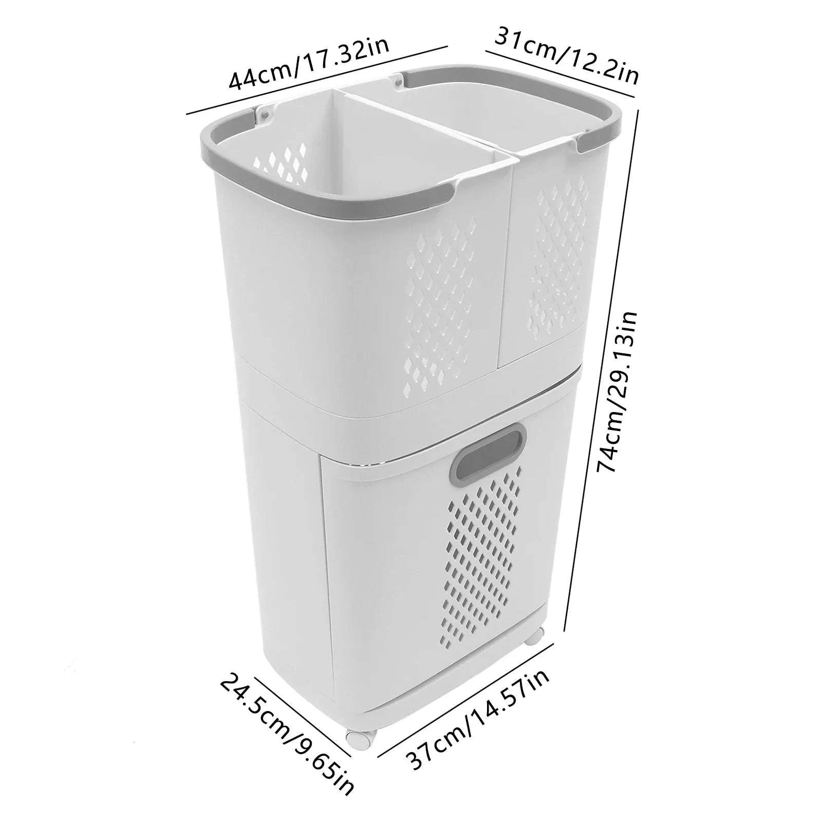 Multi-layer laundry basket on wheels with three breathable hampers and removable small wall-mounted baskets in grey white color
