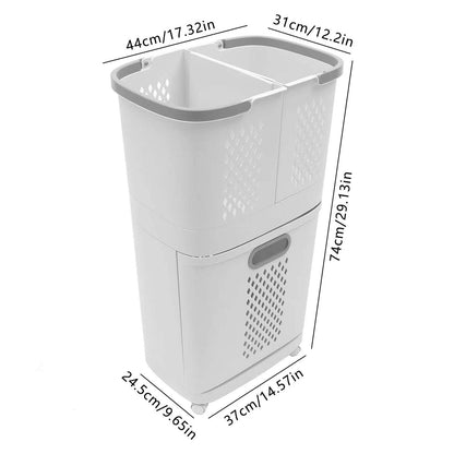 Multi-layer laundry basket on wheels with three breathable hampers and removable small wall-mounted baskets in grey white color