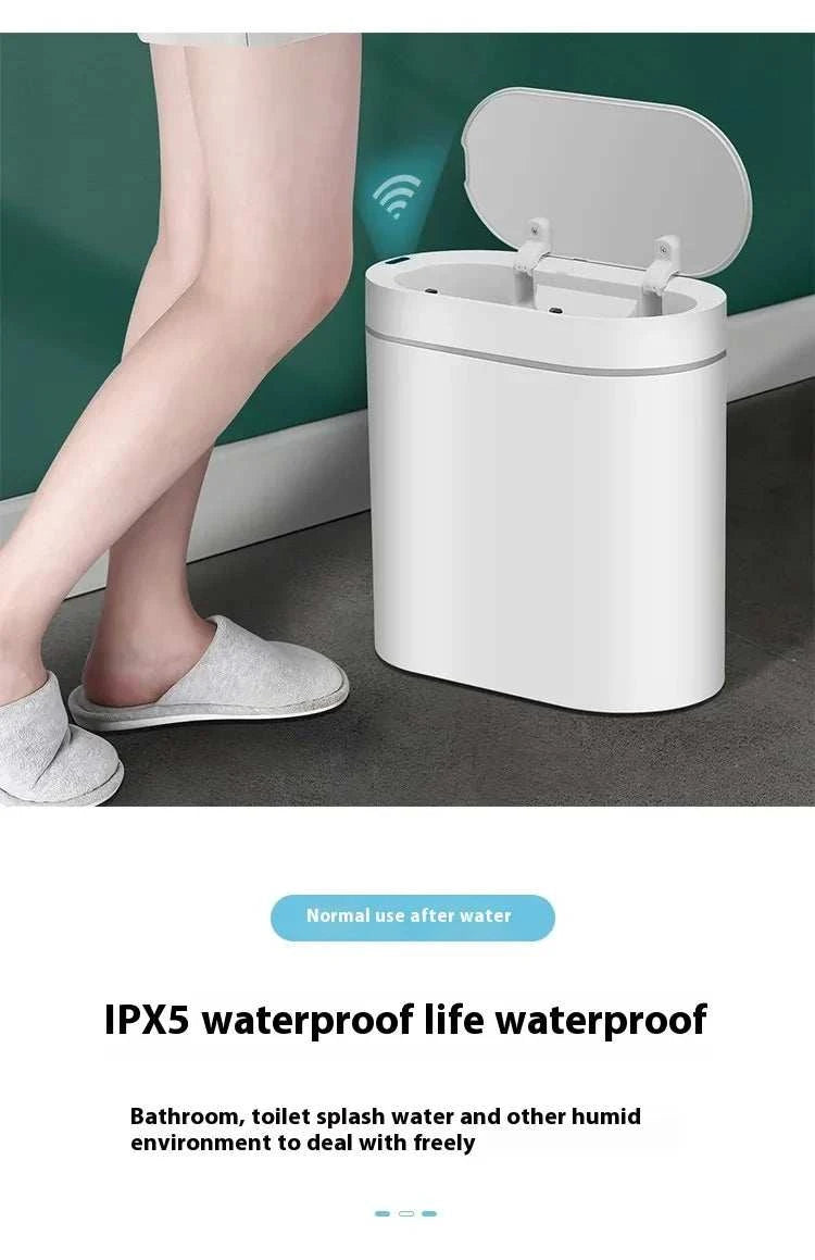 7L automatic touchless bathroom trash can with motion sensor and lid in white plastic design
