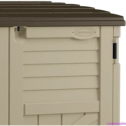 34 cu ft sand-colored horizontal outdoor resin storage shed with lockable lid and durable multi-wall panels