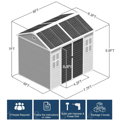 8x6 ft waterproof resin storage shed with floor, windows, and reinforced metal frame in wood-grain finish