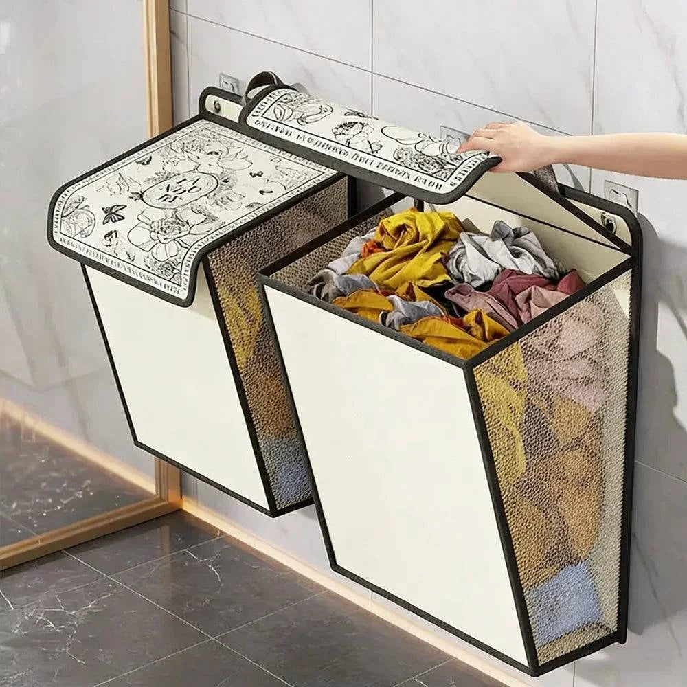 Foldable wall mounted laundry hamper made of waterproof canvas for bathroom storage and space saving