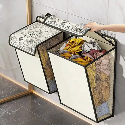 Foldable wall mounted laundry hamper made of waterproof canvas for bathroom storage and space saving
