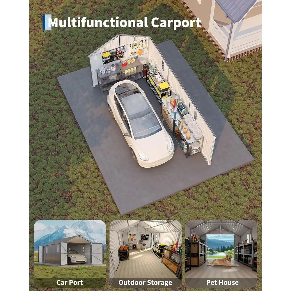 10x20 FT Enclosed Metal Carport with Steel Roof & Man Door for Sedans and SUVs