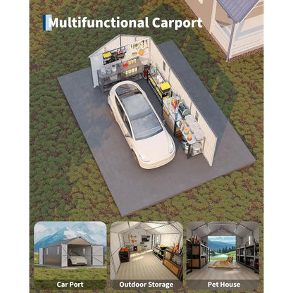 10x20 FT Enclosed Metal Carport with Steel Roof & Man Door for Sedans and SUVs
