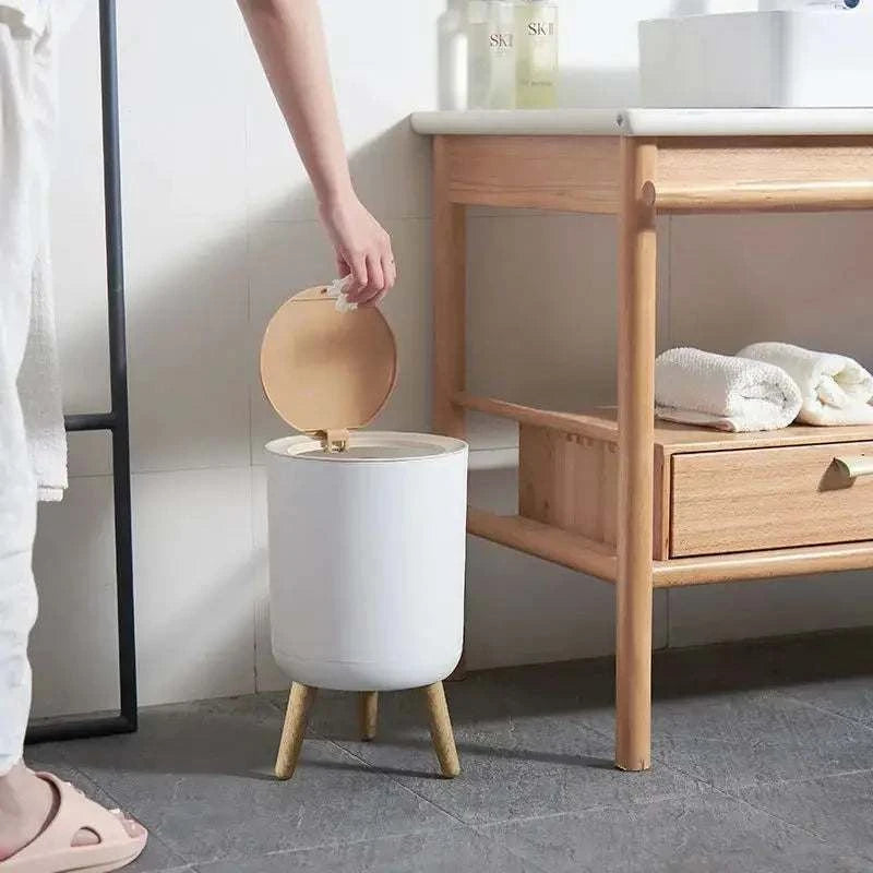 7L round wood grain plastic trash can with press lid and legs for bathroom and living room