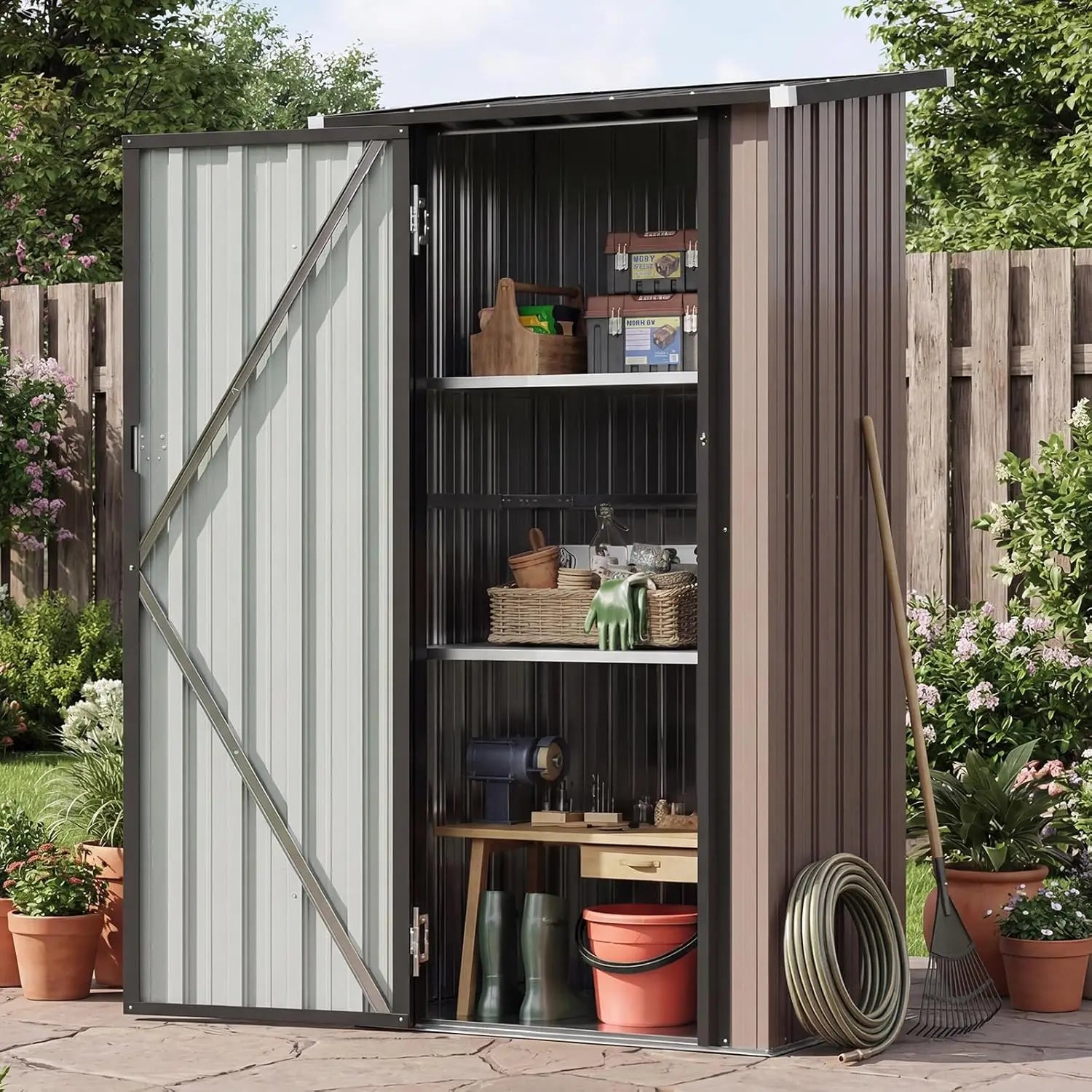 Outdoor vertical metal storage shed with lockable doors and adjustable shelves