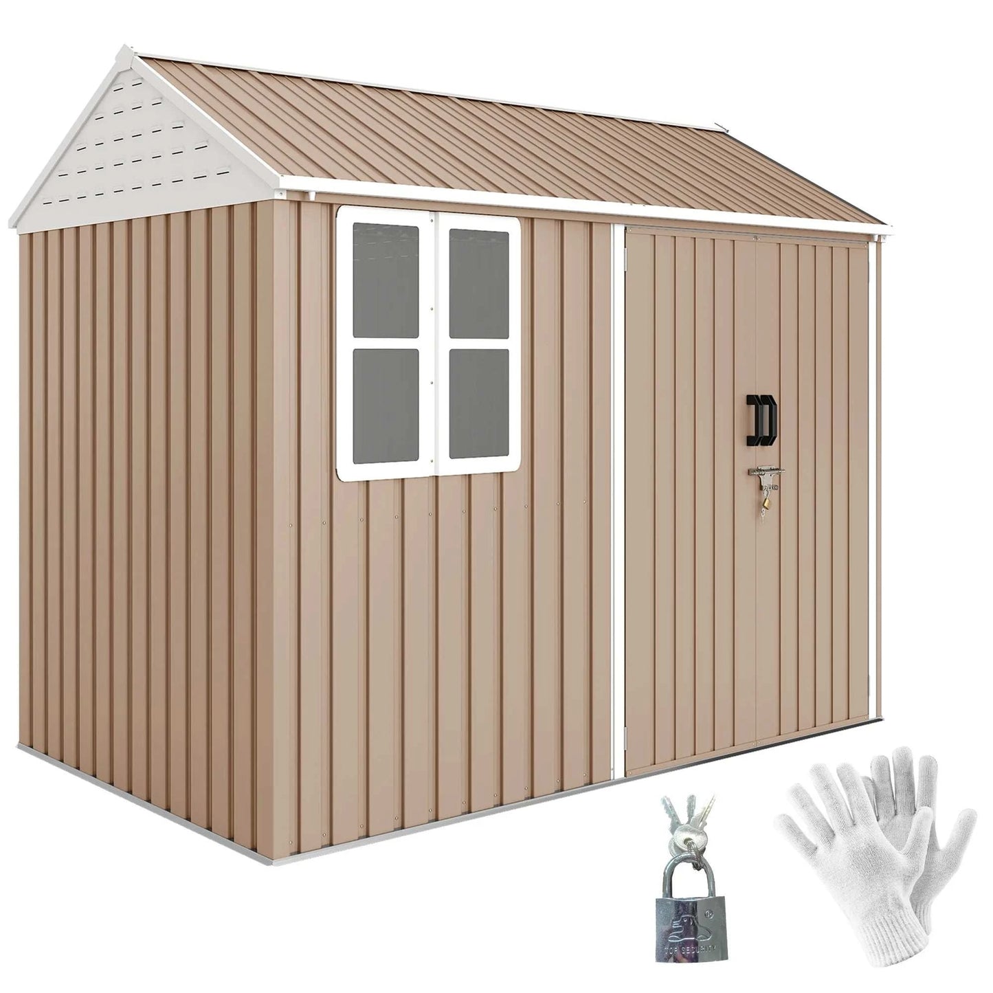 8' X 6' Outdoor Metal Garden Storage Shed W/ 2 Doors, Window, Sloped Roof Brown