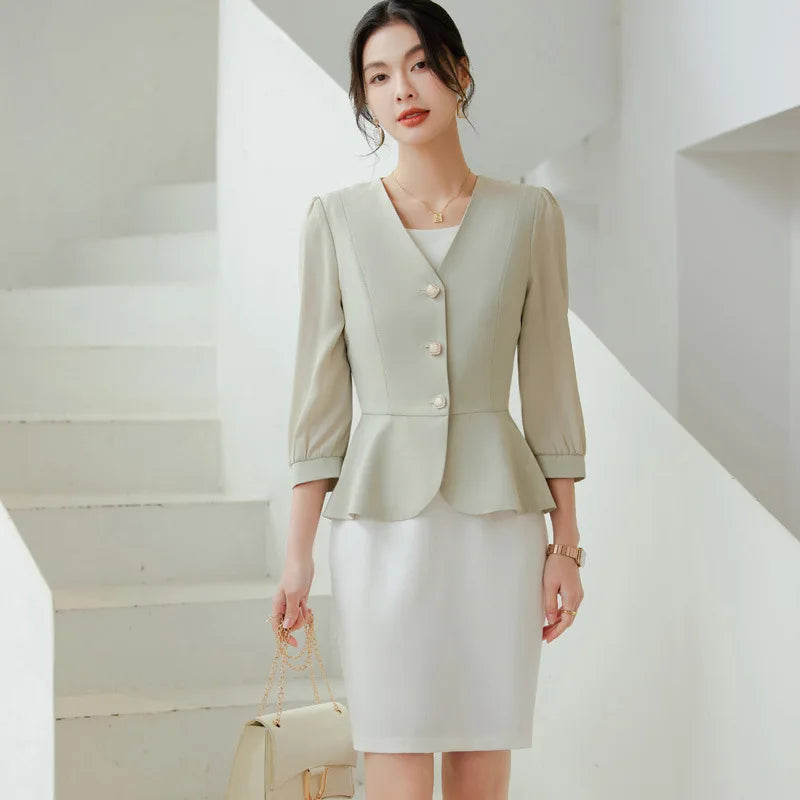 2024 New Fashion Lantern Sleeve Jacket + White Dress - Azobay