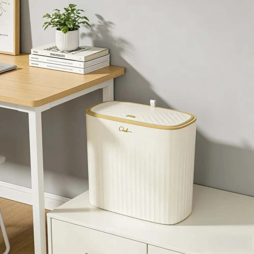 Beige gold trim slim press-top trash can with lid for bathroom and kitchen, 13.5L large capacity, space-saving design