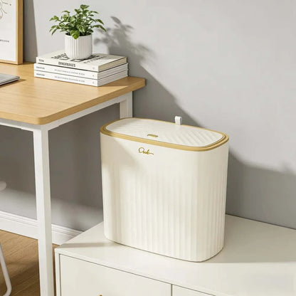 Beige gold trim slim press-top trash can with lid for bathroom and kitchen, 13.5L large capacity, space-saving design