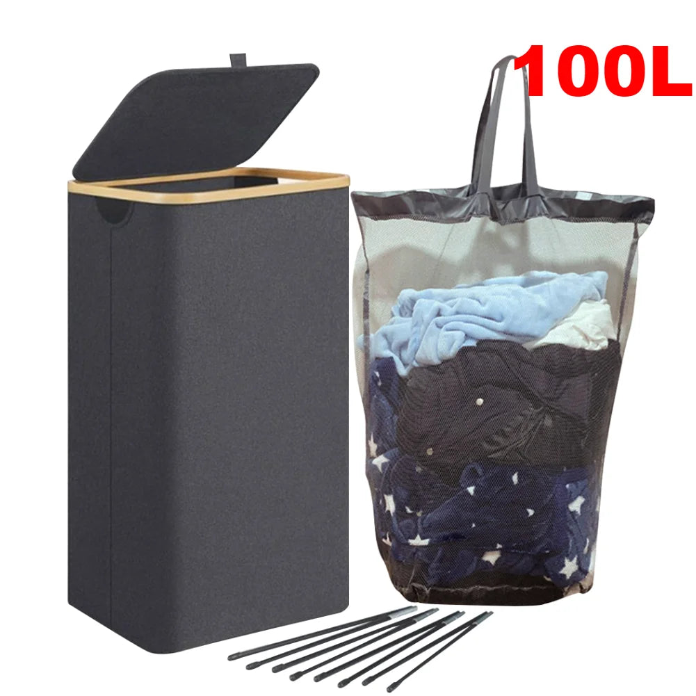100L Foldable Laundry Hamper Basket with Bamboo Handle And Lid Eco-Friendly Removable Liner for Bedroom Bathroom Storage
