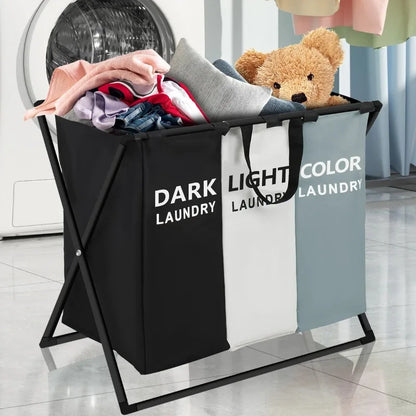 Large foldable laundry basket with 3 sections divided for sorting clothes and home storage