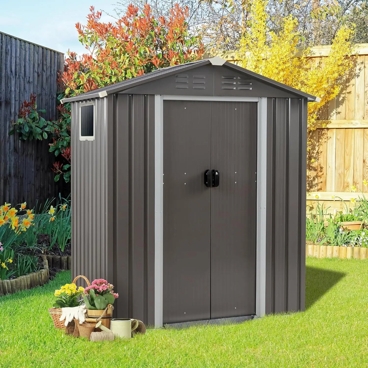 Outdoor metal storage shed with side window and lockable door
